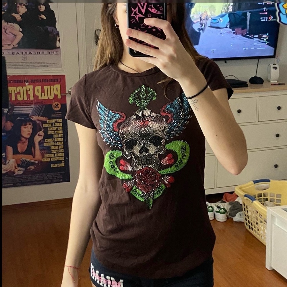 Brown rhinestone Skull Tee
